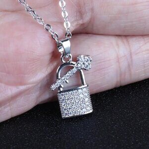 White Gold Plated Copper Lock and Key Pendant with Synthetic Cubic Zirconia 18"